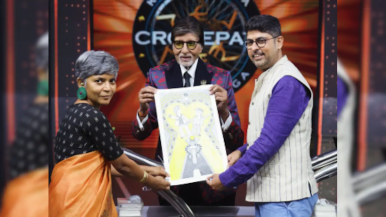 Amitabh Bachchan receives a poster of Madhubani made by a fan Sholay on the Who will become a millionaire? set up Image courtesy, Varun Grover