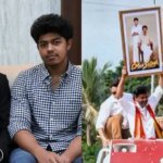 CM Vijay holds son Jason Sanjay sigma Frame during the roadshow on the film release day