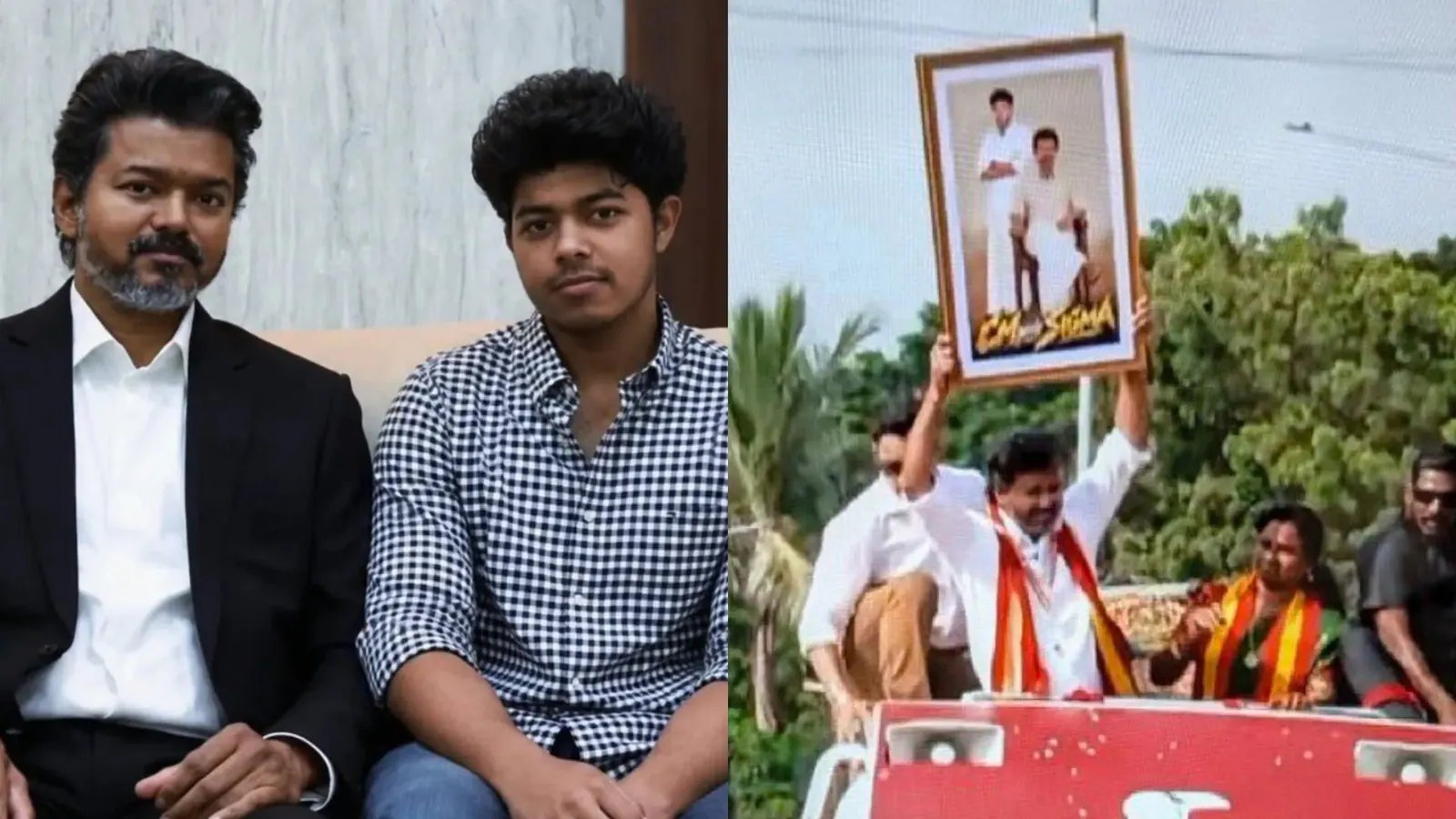 CM Vijay holds son Jason Sanjay sigma Frame during the roadshow on the film release day