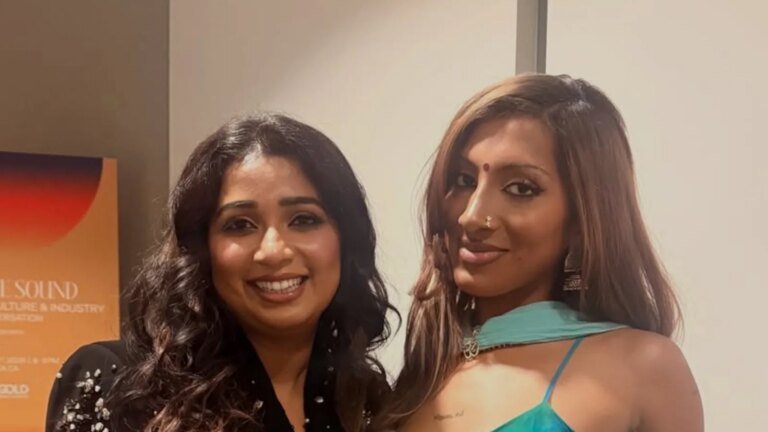 Lara Raj of Katsaye has a fangirl moment with Shreya Ghoshal at an LA event.